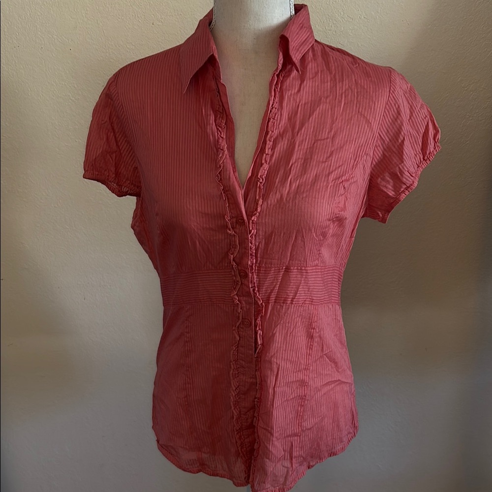 The Limited Cotton Button Up Collared Short Sleeve Blouse in Coral Pink